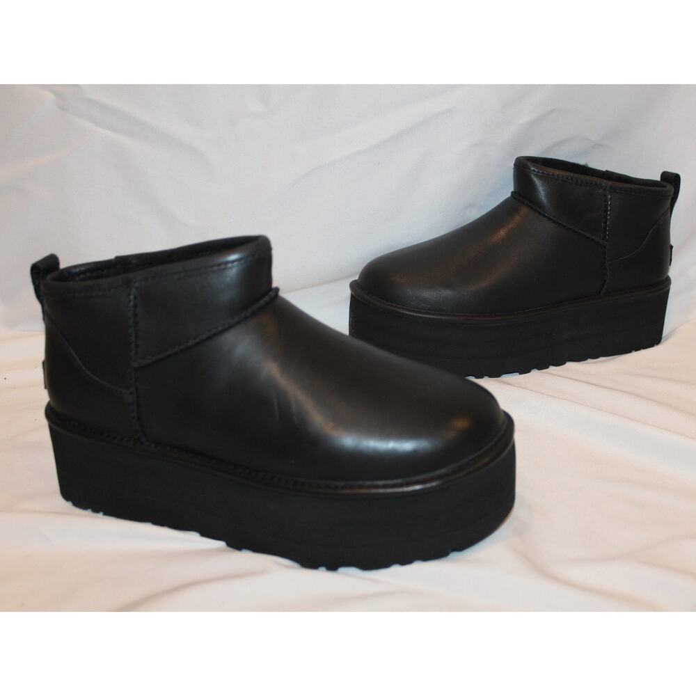 NIB UGG WOMEN'S ULTRA MINI PLATFORM LEATHER SHEARLING LINED ANKLE BOOTS BLACK - Picture 3 of 8